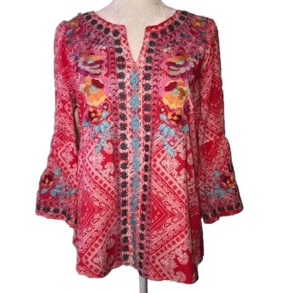 Savanna Jane Pink Bandanna  Print Mexican Embroidered Tunic  Top, Size Small - Picture 5 of 13